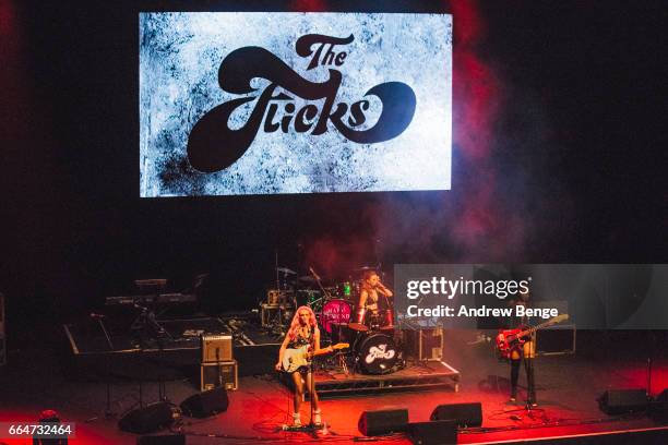 Lily Tello, Harley Rae and Alice Androsch of The Flicks perform at the Barbican York on March 26, 2017 in York, England.
