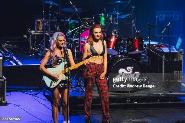 Lily Tello and Harley Rae of The Flicks perform at the Barbican York on March 26, 2017 in York, England.