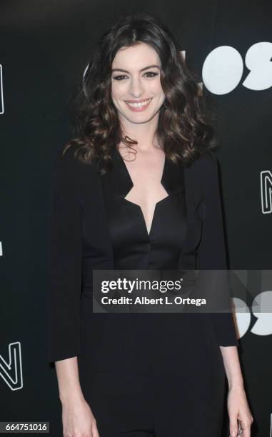 Actress Anne Hathaway arrives for the Premiere Of Neon's "Colossal" held at the Vista Theatre on April 4, 2017 in Los Angeles, California.