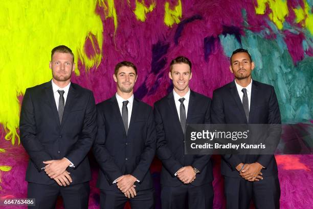Sam Groth, Jordan Thompson, John Peers and Nick Kyrgios of Australia pose for a photo before the official dinner at GOMA ahead of the Davis Cup World...