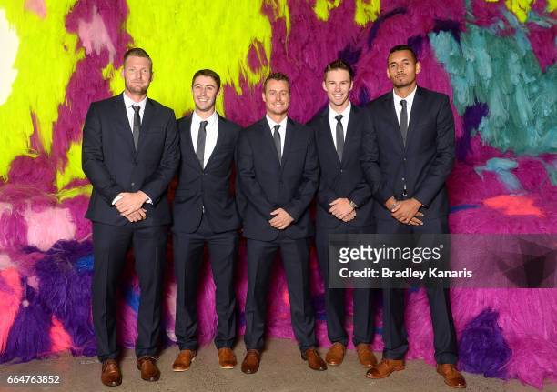 Sam Groth, Jordan Thompson, Lleyton Hewitt, John Peers and Nick Kyrgios of Australia pose for a photo before the official dinner at GOMA ahead of the...