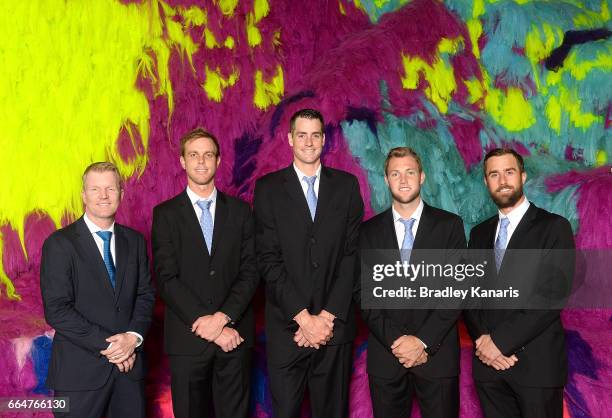 Jim Courier, Sam Querrey, John Isner, Jack Sock and Steve Johnson of the USA pose for a photo before the official dinner at GOMA ahead of the Davis...