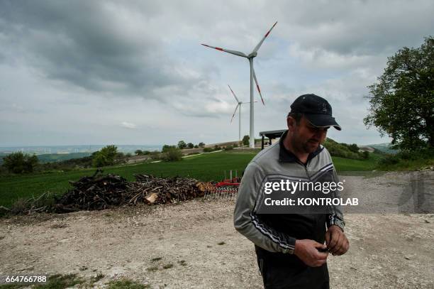 Farmer in the Montelongo wind farm in Molise, southern Italy. One of the biggest wind farms of southern Italy for the production of electricity.