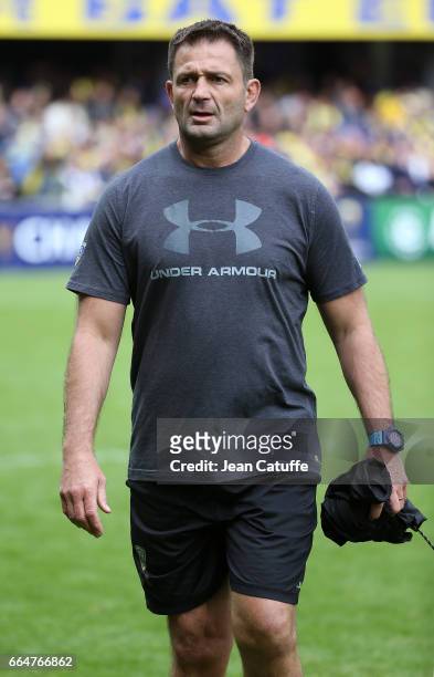 Head coach of ASM Clermont Franck Azema directs the warm up before the European Rugby Champions Cup quarter final match between ASM Clermont Auvergne...
