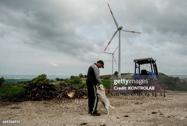 Farmer with his dog in the Montelongo wind farm in Molise, southern Italy. One of the biggest wind farms of southern Italy for the production of...