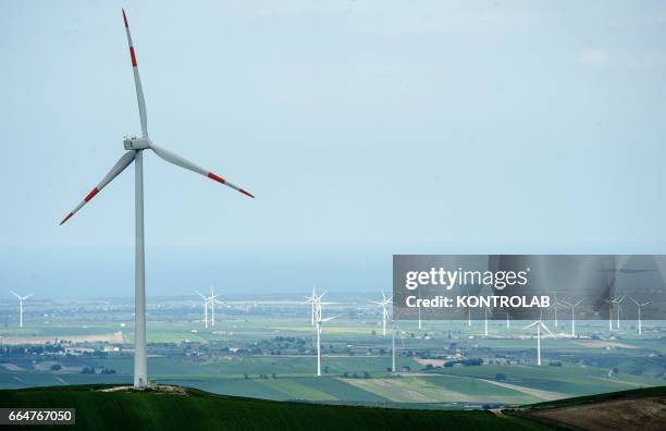 View of Montelongo wind farm in Molise, southern Italy. One of the biggest wind farms of southern Italy for the production of electricity.