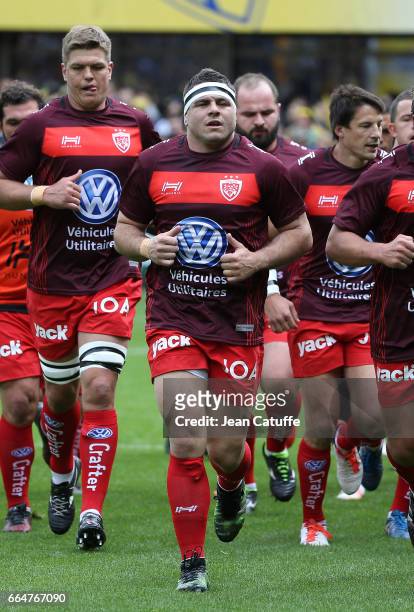 Guilhem Guirado of RC Toulon leads his teammates during the warm up before the European Rugby Champions Cup quarter final match between ASM Clermont...