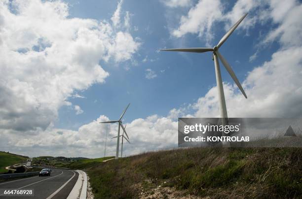 Some wind turbines in the Montelongo wind farm in Molise, southern Italy. One of the biggest wind farms of southern Italy for the production of...