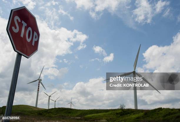 Some wind turbines in the Montelongo wind farm in Molise, southern Italy. One of the biggest wind farms of southern Italy for the production of...