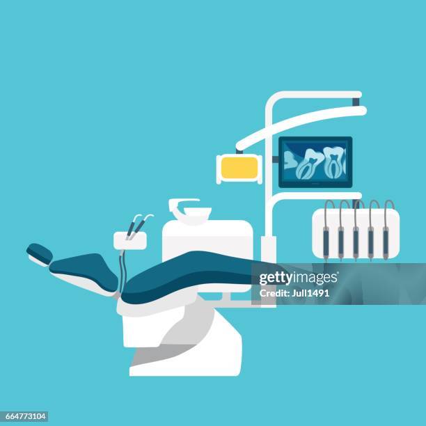 stockillustraties, clipart, cartoons en iconen met geavanceerde tandarts stoel blauw. x-stralen van de tand. - toothache