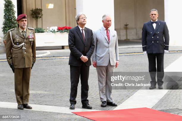 Prince Charles, Prince of Wales meets Prime Minister of Italy Paolo Gentiloni as he arrives at Palazzo Chigi on April 5, 2017 in Rome, Italy. HRH and...