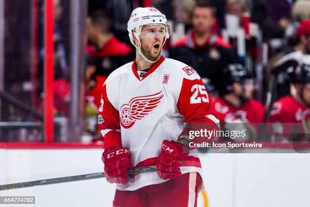 Detroit Red Wings Defenceman Mike Green call out instructions before a faceoff during third period National Hockey League action between the Detroit...