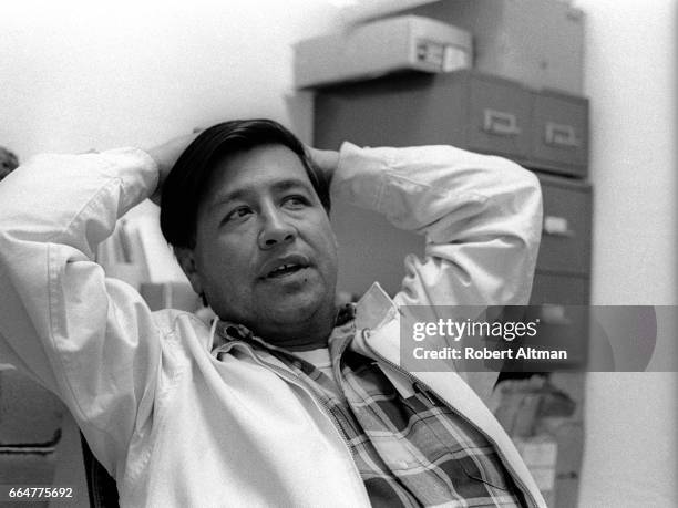 American labor leader and civil rights activist Cesar Chavez rests during the Delano Grape Strike circa April, 1970 at La Huelga in Delano,...