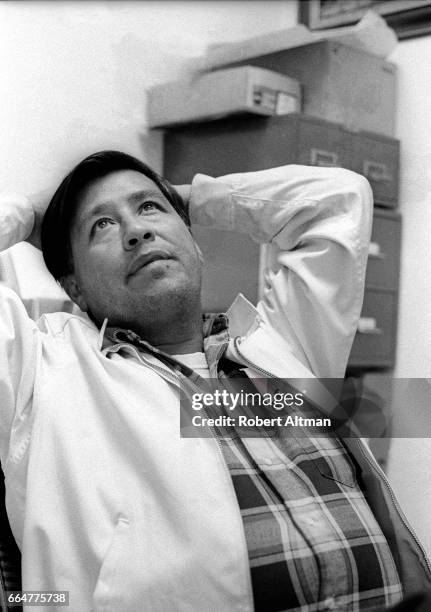 American labor leader and civil rights activist Cesar Chavez rests during the Delano Grape Strike circa April, 1970 at La Huelga in Delano,...