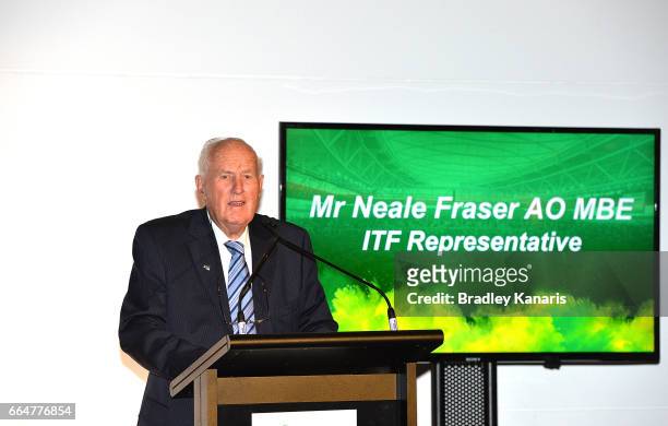 Former Australian Tennis player Mr Neale Fraser speaks at the official dinner at GOMA ahead of the Davis Cup World Group Quarterfinal match between...