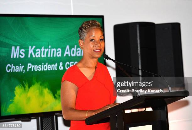 President and CEO of the USTA Miss Katrina Adams speaks at the official dinner at GOMA ahead of the Davis Cup World Group Quarterfinal match between...