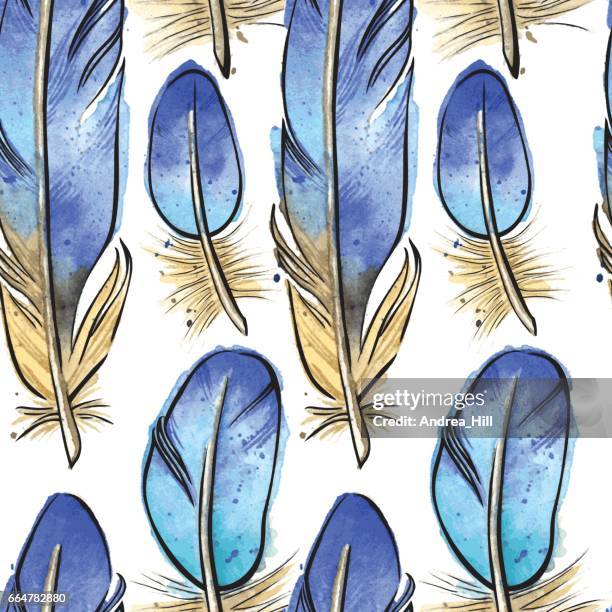 watercolor vector eps10 bluebird feathers seamless pattern - feathers isolated stock illustrations