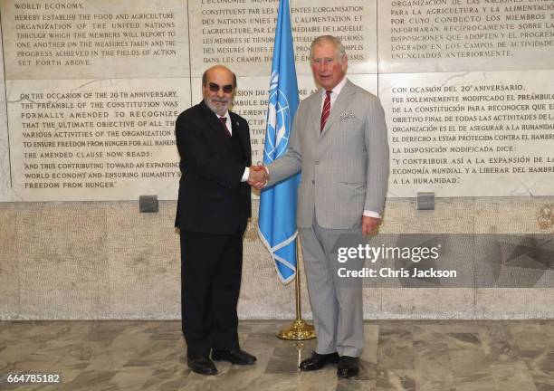 Prince Charles, Prince of Wales is greeted by Director General Jose Graziano da Silva during a visit to the Headquarters of the United Nations Food...