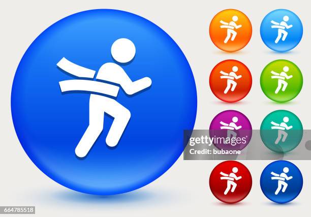 winning race icon on shiny color circle buttons - trail runner stock illustrations