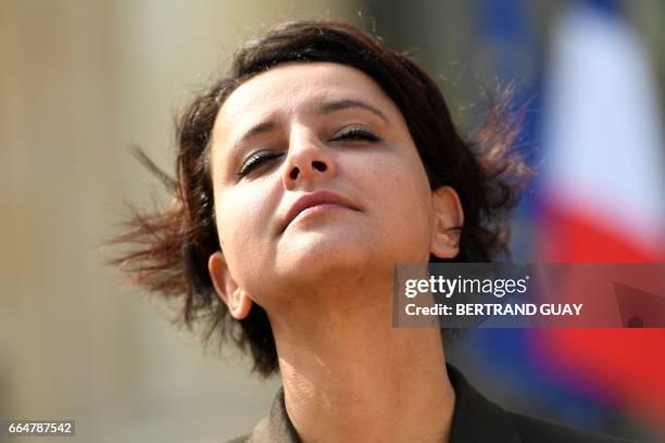 French Education Minister Najat Vallaud-Belkacem gestures during a statement after a cabinet meeting at the Elysee Palace, in Paris, on April 5, 2017.