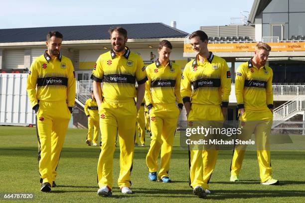 Gareth Roderick the captain of Gloucestershire alongside Phil Mustard and Jack Taylor in the NatWest T20 Blast kit during the Gloucestershire County...