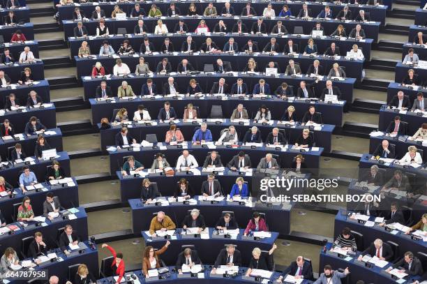 Members of the European Parliament take part in a voting session at the European Parliament in Strasbourg, eastern France, on April 5, 2017. The...