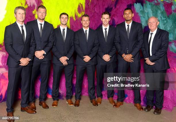 Jason Stoltenberg, Sam Groth, Jordan Thompson, Lleyton Hewitt, John Peers, Nick Kyrgios and Tony Roche of Australia pose for a photo before the...