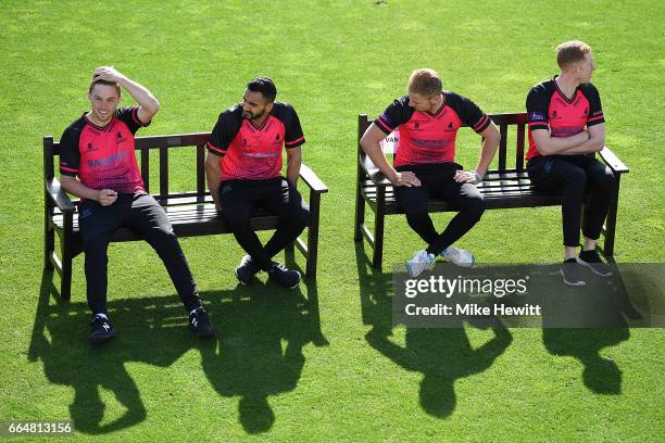 Phil Salt, Ajmal Shahzad, Stiaan Van Zyl and Luke Wells of Sussex wait their turn in a portrait session during a Sussex CCC Photocall at The 1st...