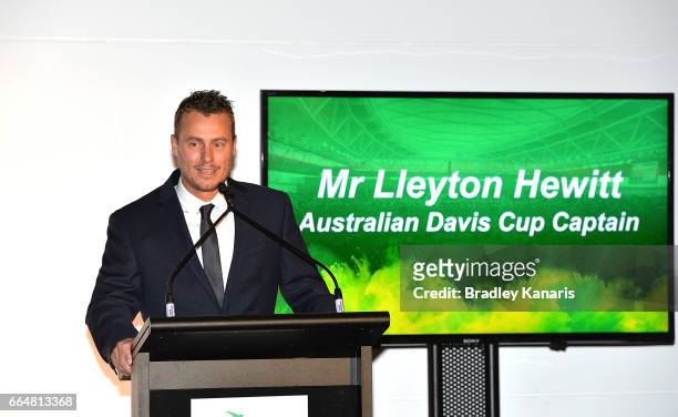 Lleyton Hewitt of Australia speaks at the official dinner at GOMA ahead of the Davis Cup World Group Quarterfinal match between Australia and the USA...