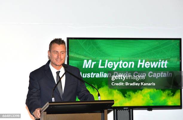 Lleyton Hewitt of Australia speaks at the official dinner at GOMA ahead of the Davis Cup World Group Quarterfinal match between Australia and the USA...