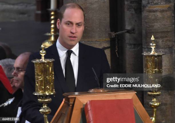 Britain's Prince William, Duke of Cambridge speaks during a Service of Remembrance at Westminster Abbey in central London on April 5 following the...