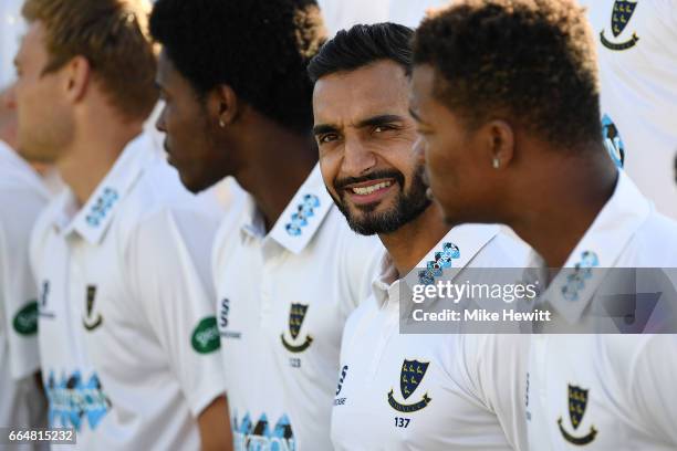 Ajmal Shahzad of Sussex smiles during a Sussex CCC Photocall at The 1st Central County Ground on April 5, 2017 in Hove, England.