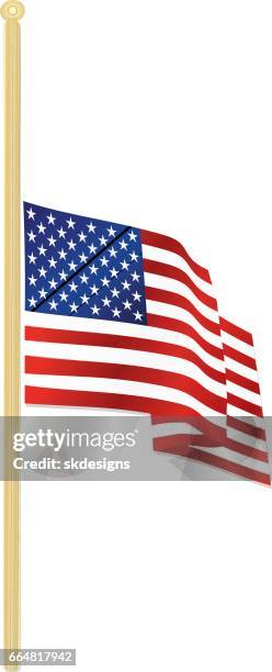 ilustraciones, imágenes clip art, dibujos animados e iconos de stock de bandera de usa clásico en medio personal ondeando en el viento, con asta de bandera de oro - bandera a media asta