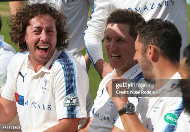 Ryan Sidebottom Gary Ballance and Tim Bresnan of Yorkshire react during their press day at Headingley on April 5, 2017 in Leeds, England.