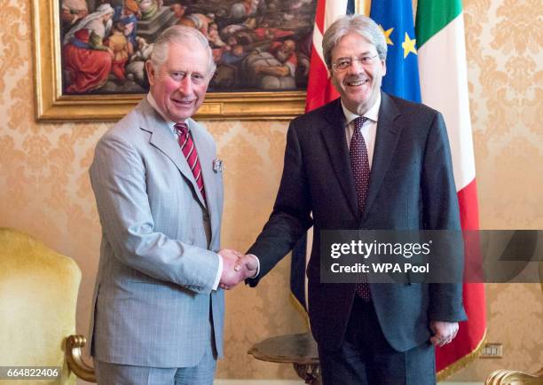 Prince Charles, Prince of Wales meets with the Italian Prime Minister Paolo Gentiloni at Palazzo Chigi on April 5, 2017 in Rome, Italy. Prince of...