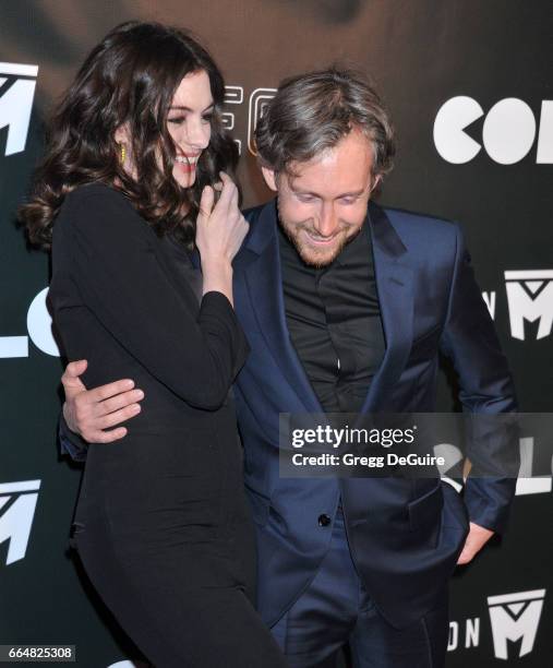 Actress Anne Hathaway and husband Adam Shulman arrive at the premiere of Neon's "Colossal" at the Vista Theatre on April 4, 2017 in Los Angeles,...