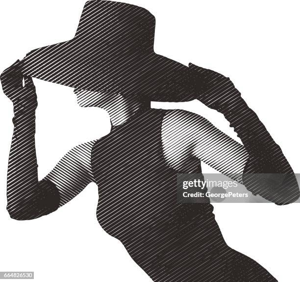 stockillustraties, clipart, cartoons en iconen met glamoureuze vrouw retro zwarte hoed, formele handschoenen en kleding dragen. - mouwloze jurk
