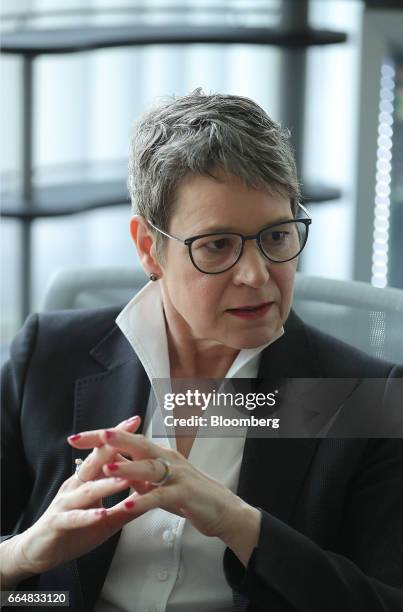 Simone Menne, chief financial officer of Boehringer Ingelheim GmbH, speaks during an interview following the announcement of the pharmaceutical...