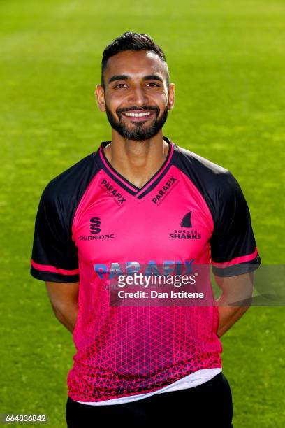 Ajmal Shahzad of Sussex CCC poses in the club's one day kit during the Sussex CCC photcall at The 1st Central County Ground on April 5, 2017 in Hove,...