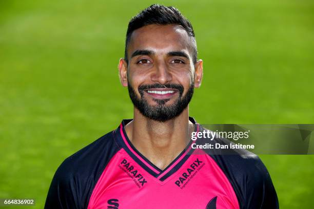 Ajmal Shahzad of Sussex CCC poses in the club's one day kit during the Sussex CCC photcall at The 1st Central County Ground on April 5, 2017 in Hove,...