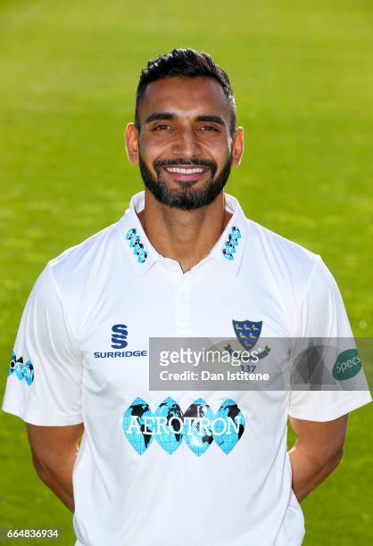 Ajmal Shahzad of Sussex CCC poses during the Sussex CCC photcall at The 1st Central County Ground on April 5, 2017 in Hove, England.