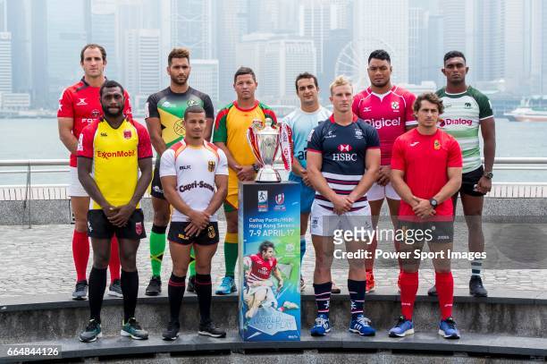 Men's captains from the Cathay Pacific/HSBC Hong Kong Sevens 2017 teams pose for photos against Hong Kong Island skyline, prior to the Hong Kong...
