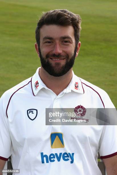 David Murphy poses in the Specsavers County Championship kit during the Northamptonshire County Cricket photocall held at The County Ground on April...