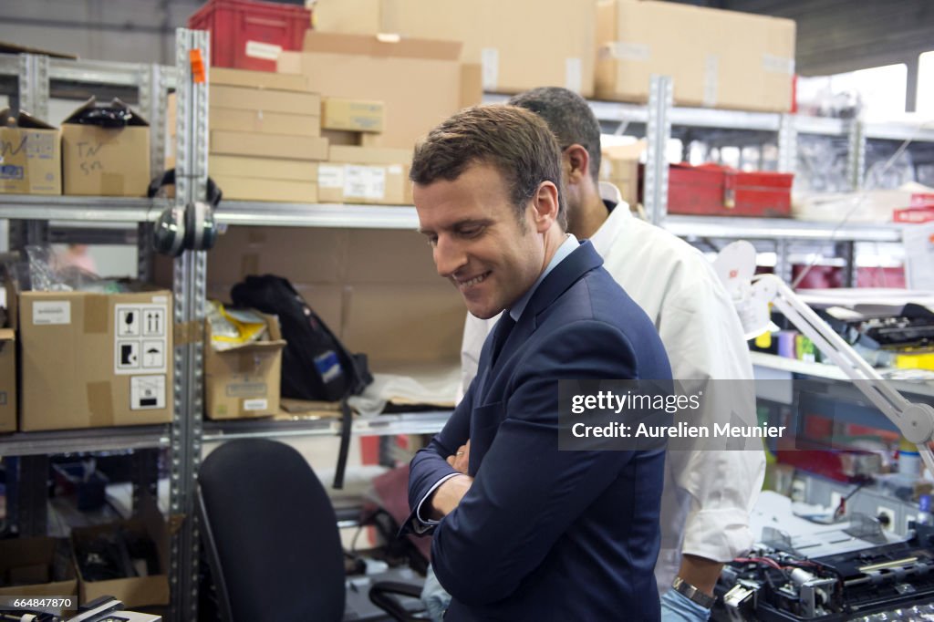 French Presidential Candidate Emmanuel Macron Visits APF Entreprise 93
