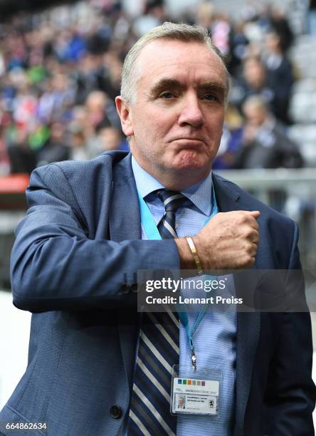 Ian Ayre, managing director of TSV 1860 Muenchen, gestures prior to the Second Bundesliga match between TSV 1860 Muenchen and VfB Stuttgart at...