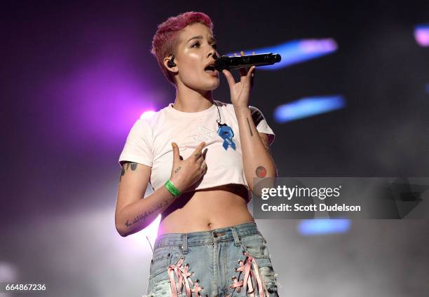 Singer Halsey performs onstage during the WELCOME! - Fundraising Concert Benefiting the ACLU at the Staples Center on April 3, 2017 in Los Angeles,...