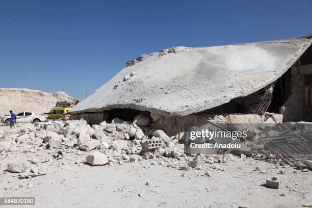 Collapsed building is seen in the town of Khan Shaykun, Idlib province, Syria on April 05, 2017. On Tuesday more than 100 civilians had been killed...