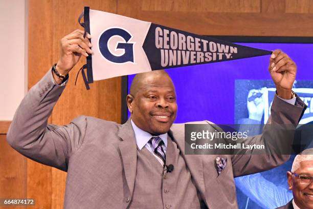 Hall of Famer and former Georgetown Hoyas player Patrick Ewing is introduced as the Georgetown Hoyas' new head basketball coach John Thompson Jr....