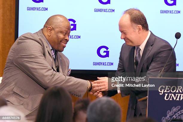 Georgetown University president John J. DeGioia introduces NBA Hall of Famer and former Georgetown Hoyas player Patrick Ewing as the Georgetown...