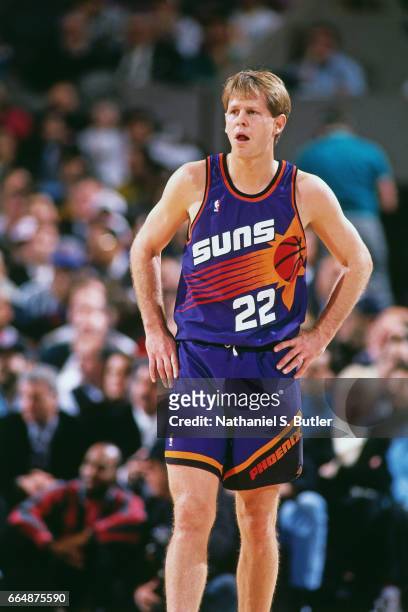 Danny Ainge of the Phoenix Suns looks on against the New York Knicks during a game played circa 1993 at the Madison Square Garden in New York City....